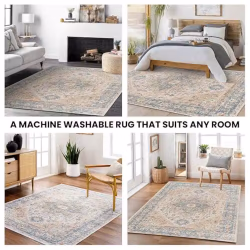 Livabliss Lilian Washable Vintage Boho Rectangular Rug in Blue and Brown, W/D/H: 90 x 60 x 0.35 cm – 8