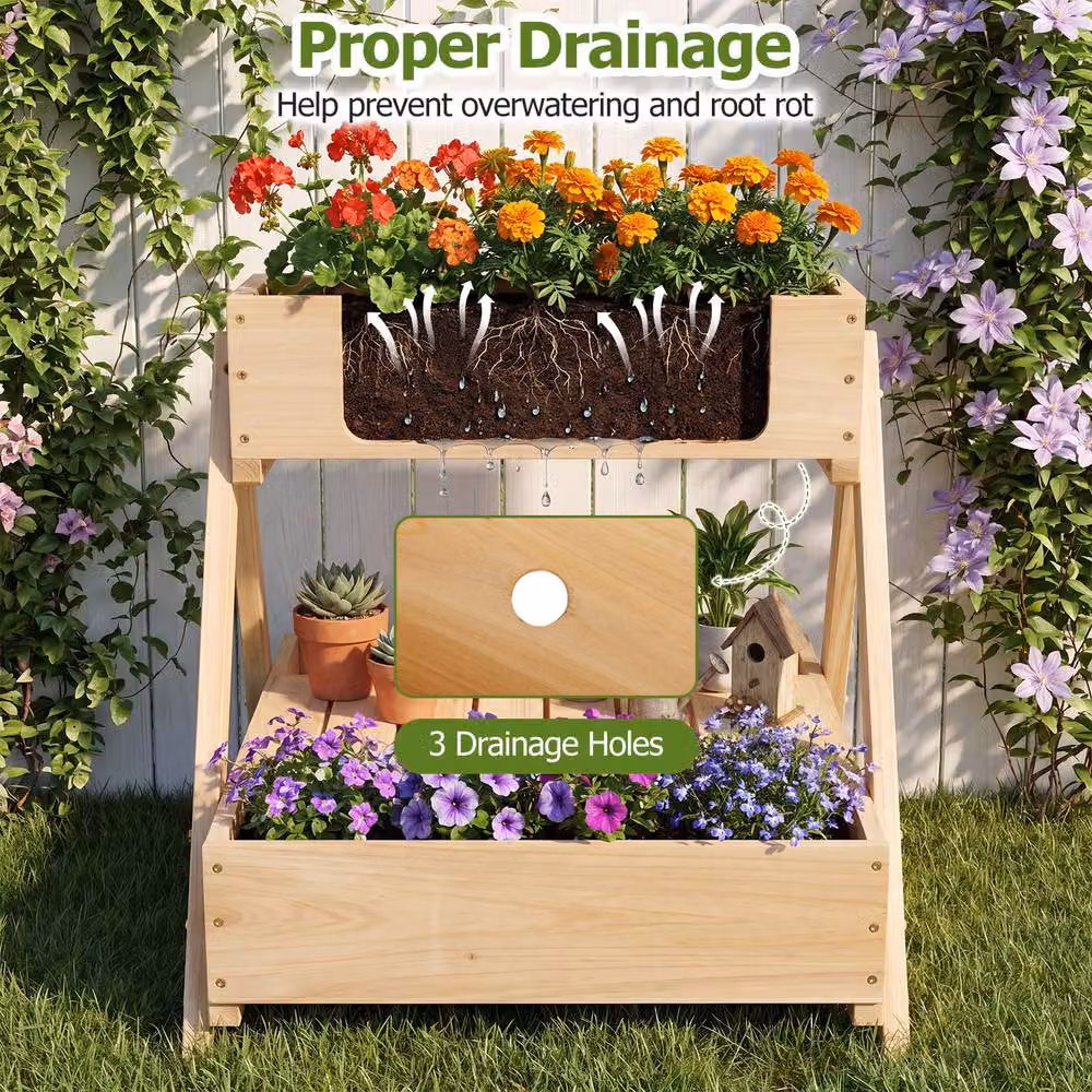 Costway Wooden Raised Garden Bed with Drainage Holes in Natural Brown – 8