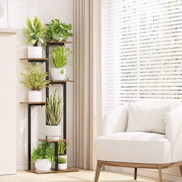 EONLION Brown Wooden Plant Stand with Adjustable Shelves, Width: 100 cm – 1