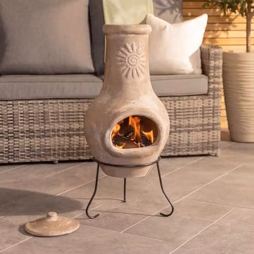 Charles Bentley Clay and Steel Chiminea Patio Heater in Grey or Beige, H 80 cm x W 35 cm – 2