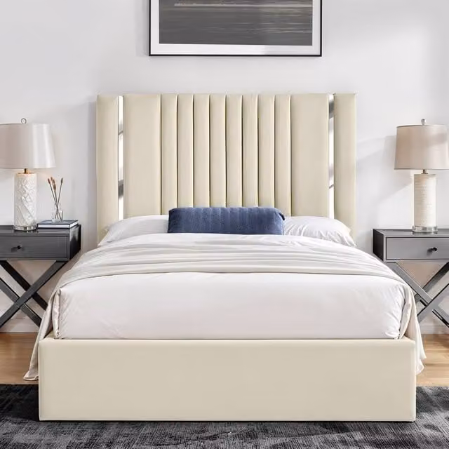UK Bed Furniture Valencia Modern Upholstered Slatted Base Bed in Beige, W/D/H: 140 x 200 cm