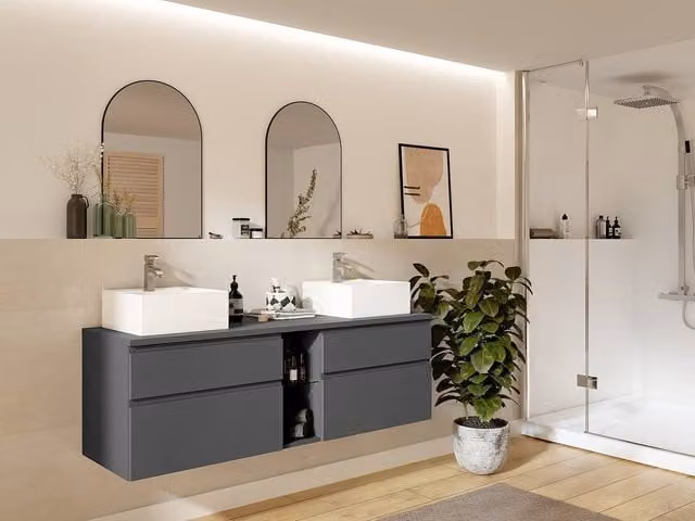 Vente-unique Modern Wall-Mounted Grey Vanity Unit with Double Washbasin, W: 150 cm, D: 50 cm, H: 46 cm