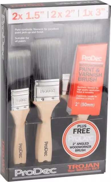 ProDec Trojan 5-Piece Synthetic Angled Paint Brush Set with Wood and Metal Handles in Grey and Multicolour for Water-Based Paints – 1