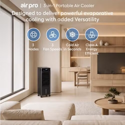 Air Pro 3-in-1 Portable Evaporative Air Cooler with 8L Capacity, Remote Control and Ice Packs, Black – 2