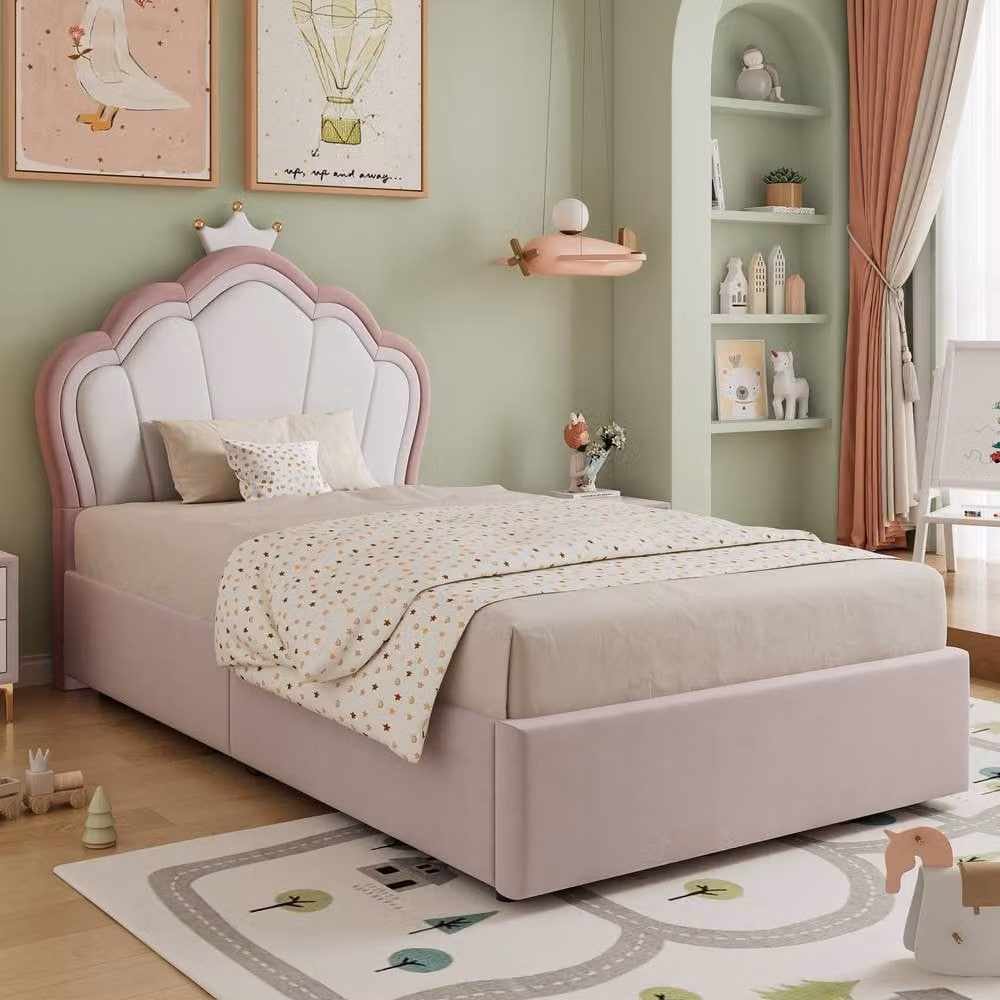 Rolipo Pink Velvet Kids Ottoman Bed with Crown Headboard, W/D/H: 90 x 190 cm