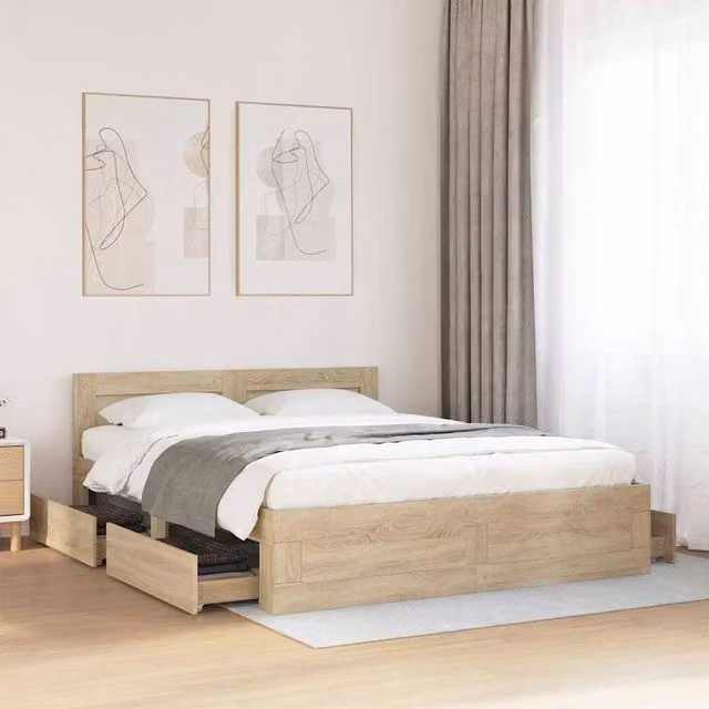 Berkfield Home Sonoma Bed Frame with Drawers in Brown, Engineered Wood, W: 153 cm x D: 203 cm