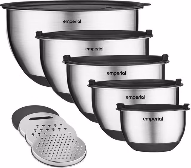 Emperial Stainless Steel Nesting Mixing Bowls Set of 5 with Lids and Graters, Silver – 1
