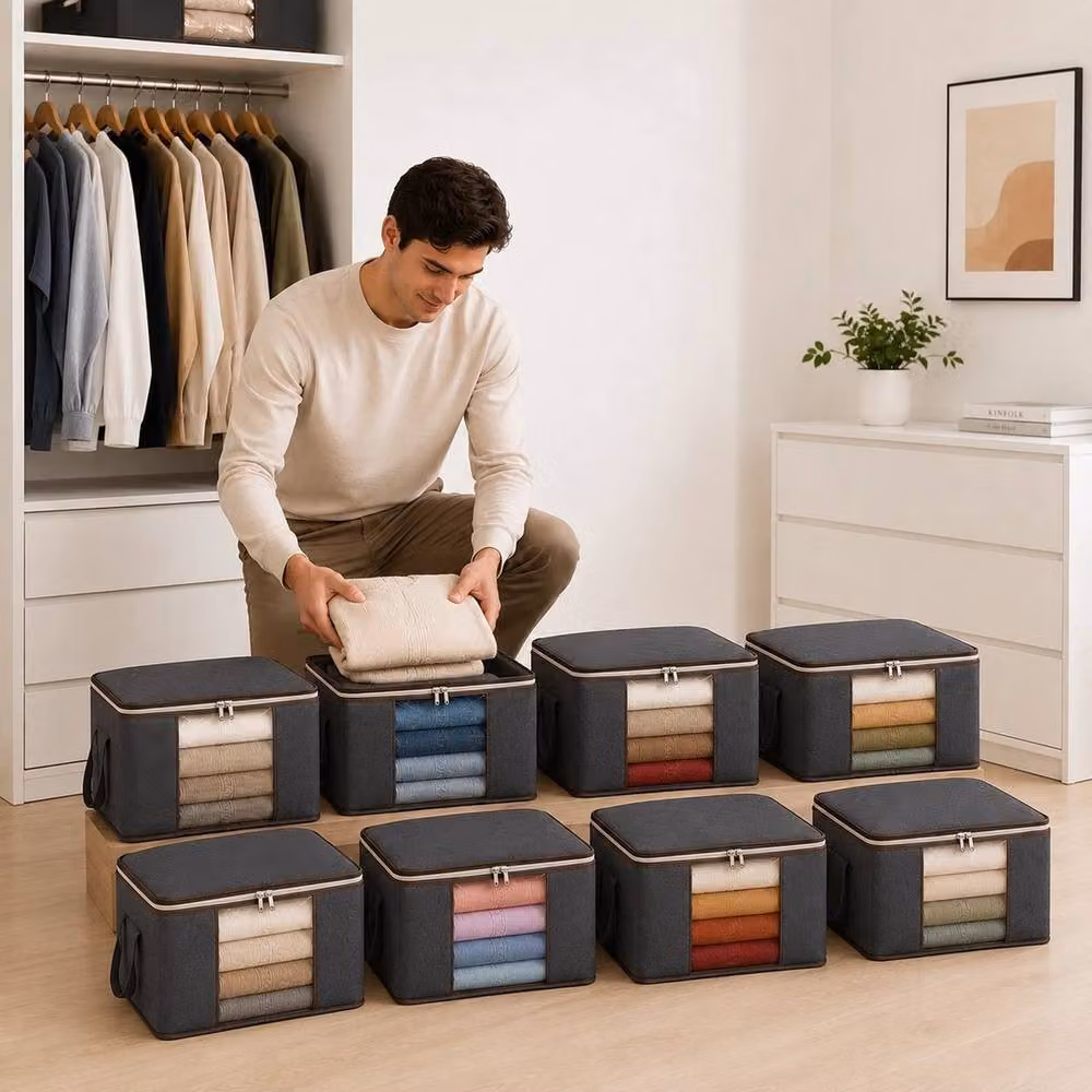 VOGREX 8 Pack Foldable Clothes Storage Bags with Reinforced Handles, Grey, 35L – 2
