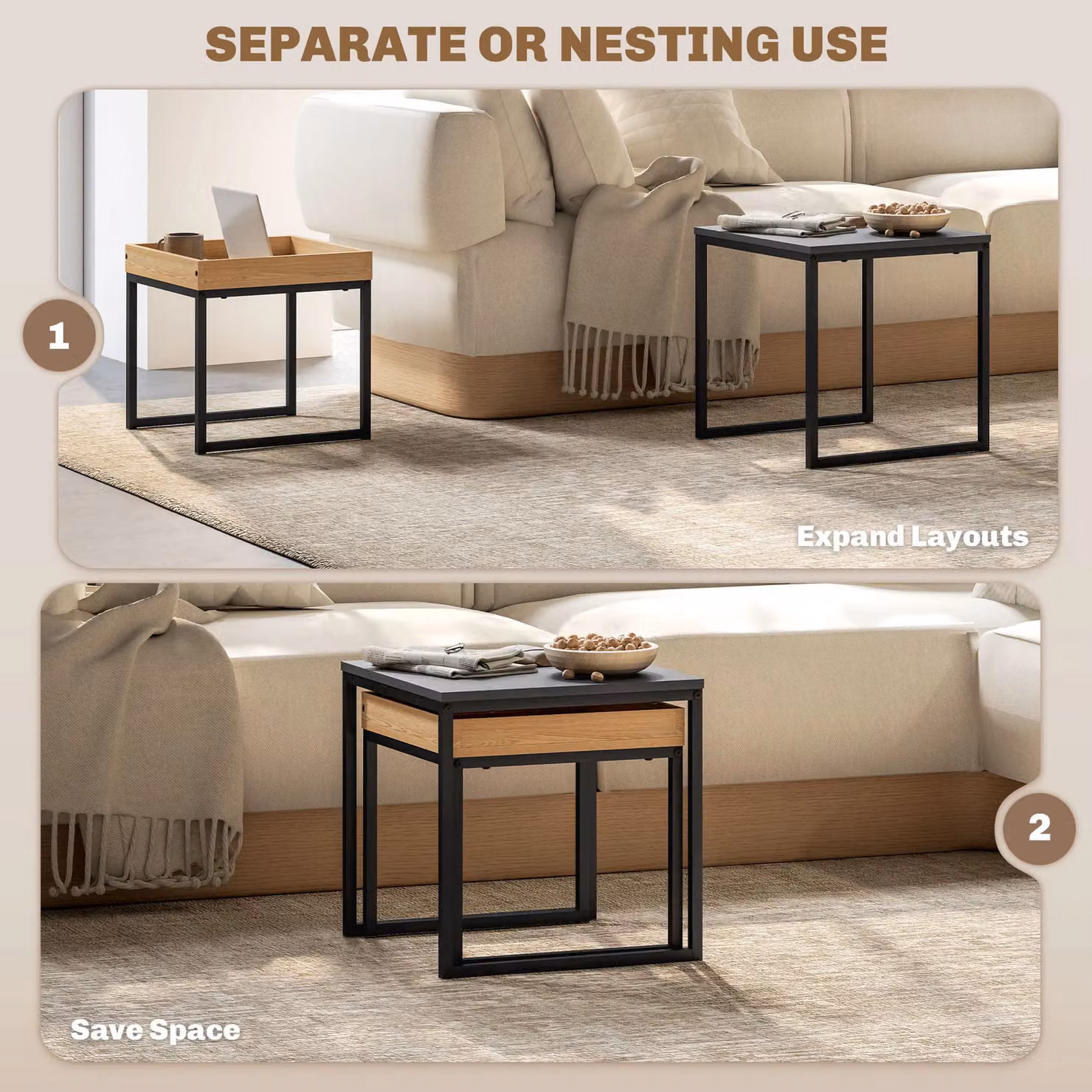 HOMCOM Modern Square Nest of Tables Set in Black – 3