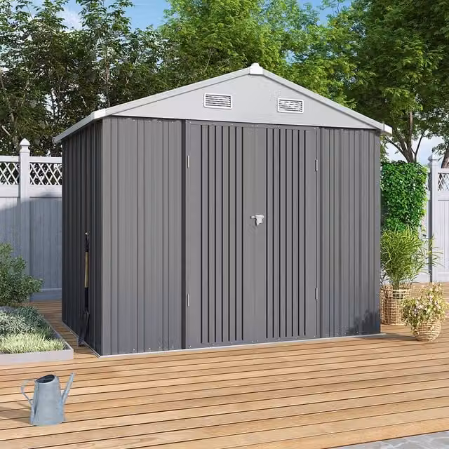 Lifeideas Apex Metal Garden Shed with Roof Vents, Grey and White, W/D/H: 238.8 x 186 x 194 cm