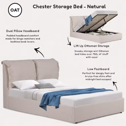 OAT Home Chester Upholstered Ottoman Storage Bed Frame with Pillow Headboard, Grey and Sand, W/D/H: 180 x 200 x 158 cm – 3