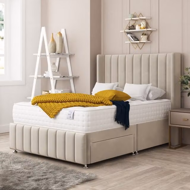 Bed Choices Brisbane Upholstered Divan Bed with 2 Drawers, Mattress and 54 inch Headboard in Cream, W/D/H: 120 x 200 cm