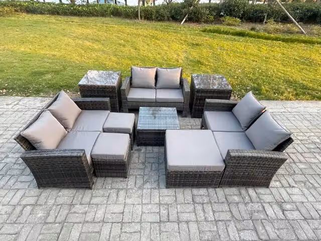 Fimous Outdoor Lounge Sofa Set in Dark Grey with 2 Seater Sofa, Coffee Table and 3 Footstools
