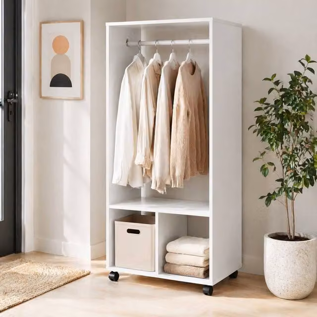 STILVORA Open Wardrobe with Wheels and 2 Shelves in White – 1