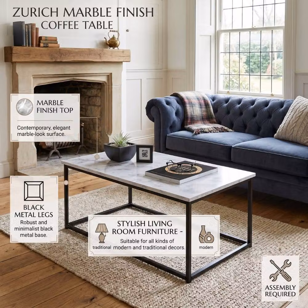HOME LUXE INTERIOR Zurich Marble Finish Coffee Table with Black Metal Frame – 7
