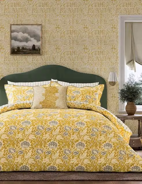 Morris & Co Elmcote Floral Cotton Percale Bedding Set, Yellow Mix, W: 180 cm x L: 200 cm