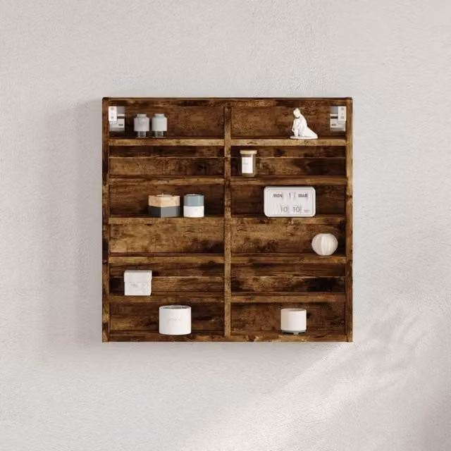 Berkfield Home Smoked Oak Vitrine Cabinet with Glass Doors, Brown, W/D/H: 60 x 8.5 x 58 cm