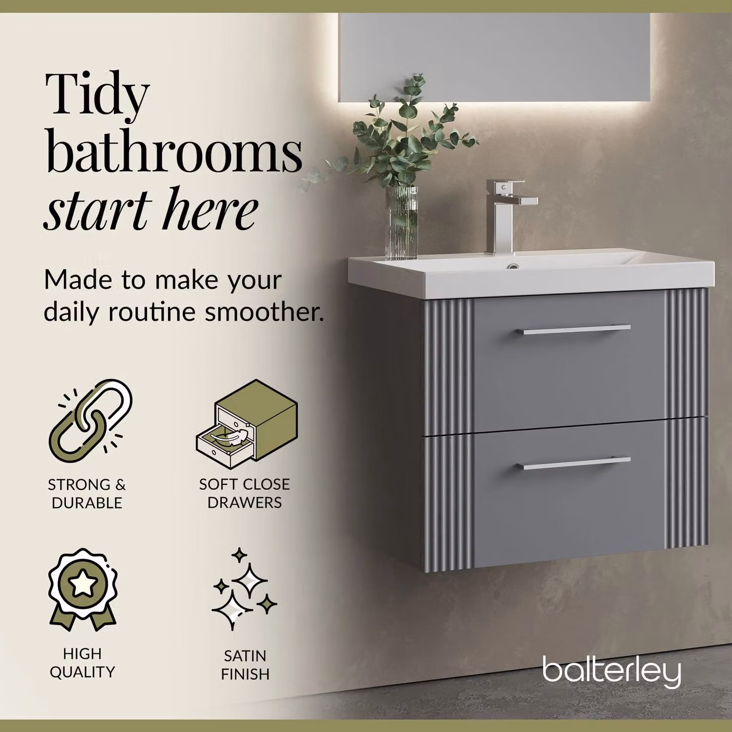 Balterley Wall Hung 2 Drawer Vanity Unit with Thin-Edge Basin, Satin Grey, W: 60 cm, D: 50 cm, H: 60 cm – 2