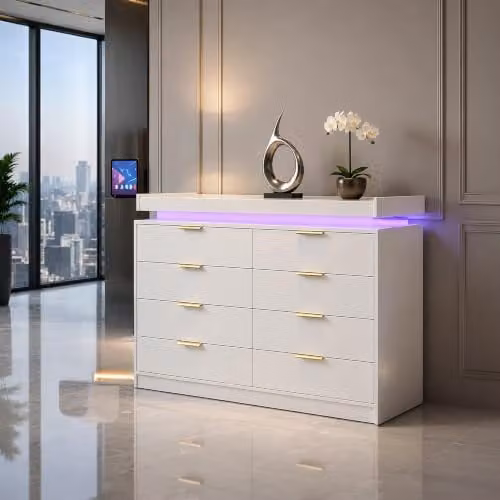 Harmin Modern White 8-Drawer LED Dresser with Gold Handles, W: 116 cm, D: 40 cm, H: 102 cm – 1
