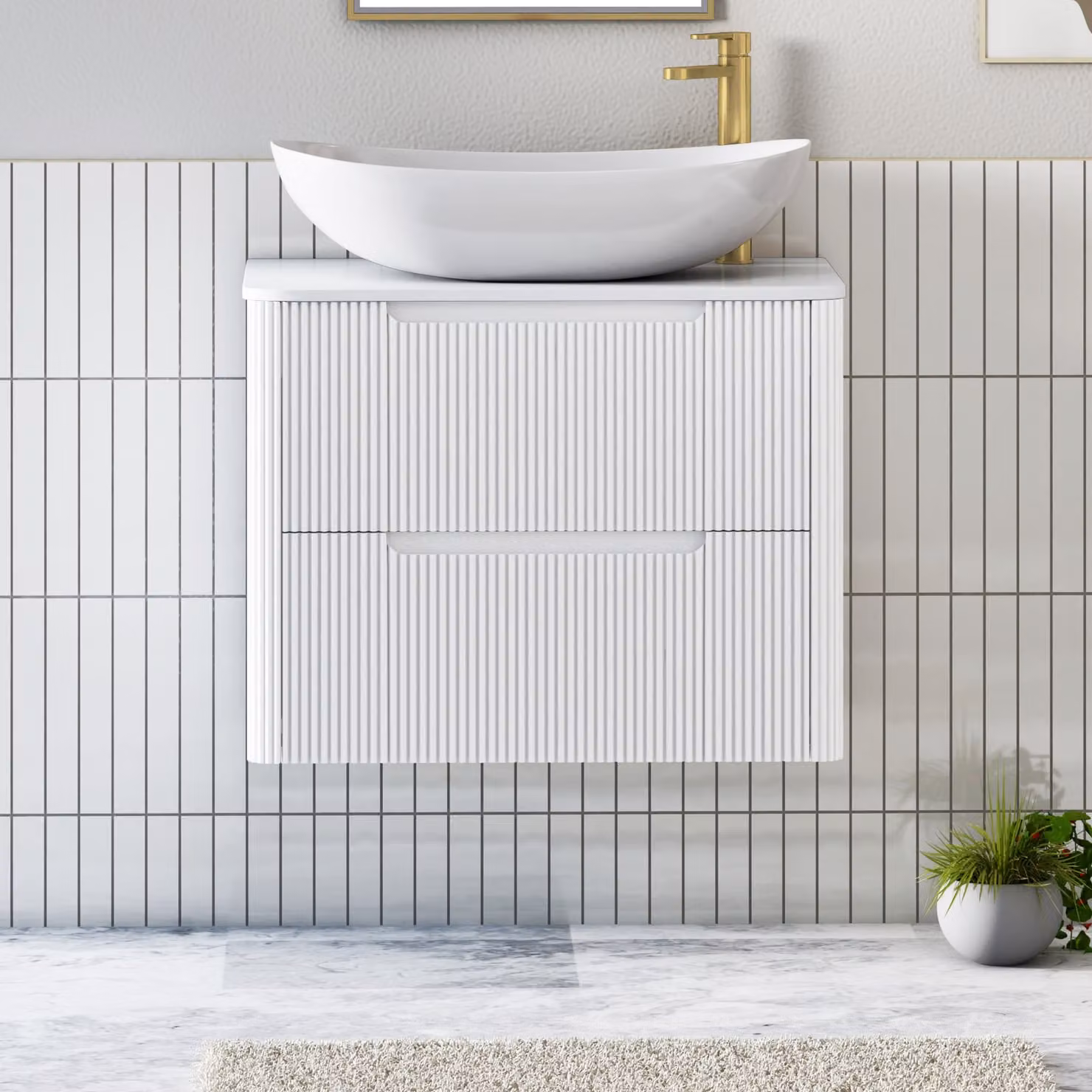 Royal Bathrooms Avenza 600mm Matt White Wall Hung Vanity Unit with 2 Drawers, Plain White Worktop and Cesar Basin