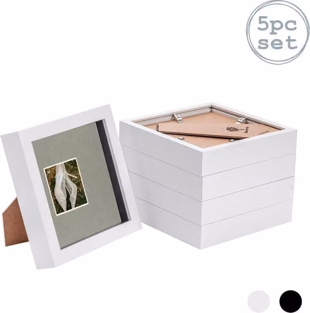 Nicola Spring Pack of 5 Square 3D Box Photo Frames in Grey and White with Glass and Plastic, W: 15.24 cm x H: 15.24 cm