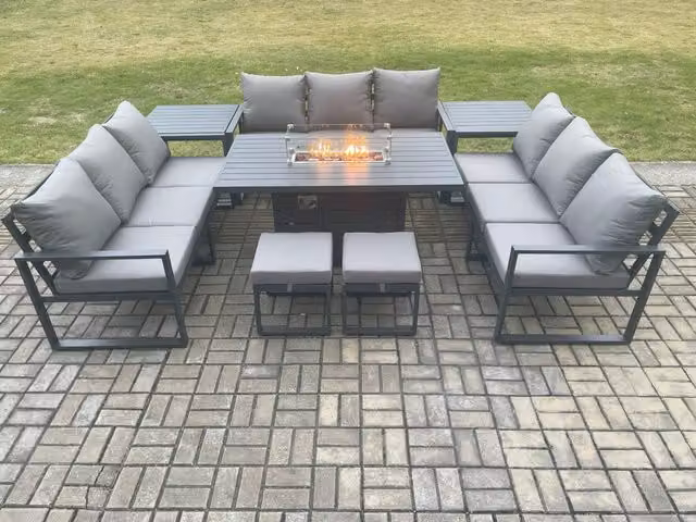 Fimous 11 Seater Aluminium Garden Furniture Set with Gas Fire Pit Dining Table and 2 Footstools in Dark Grey