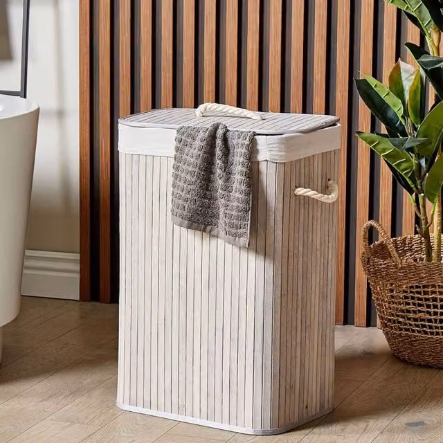 Wyld and Coco Boho Bamboo Laundry Bin with Lid, Handles and Removable Fabric Liner, Grey
