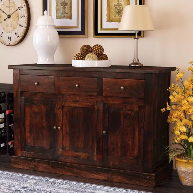 Maharani Classic Mango Wood Large Sideboard with 3 Doors and 3 Drawers in Brown