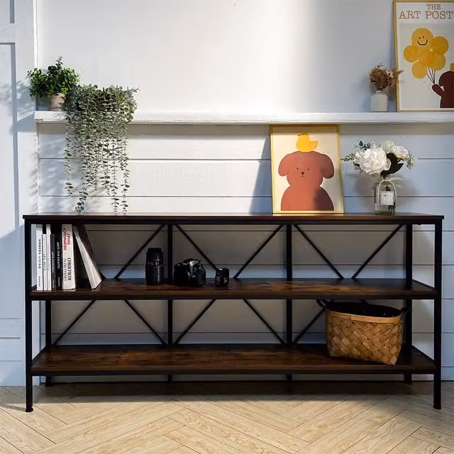 Livingandhome Modern Open Console Table with 3 Rattan Drawers in Brown