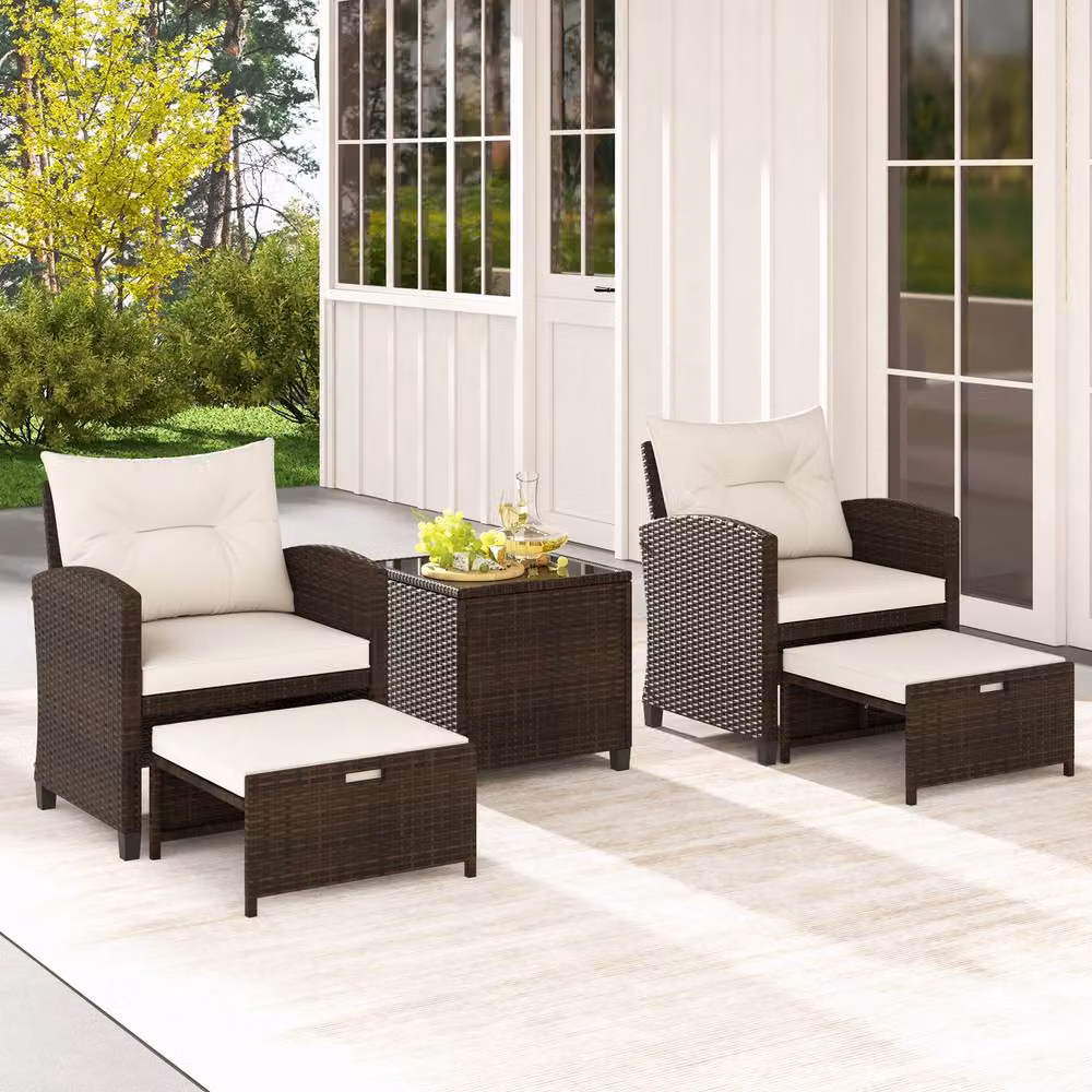 Gymax 5 Piece Brown Polyrattan Patio Furniture Set with Upholstered Cushions, Coffee Table and Ottoman – 7