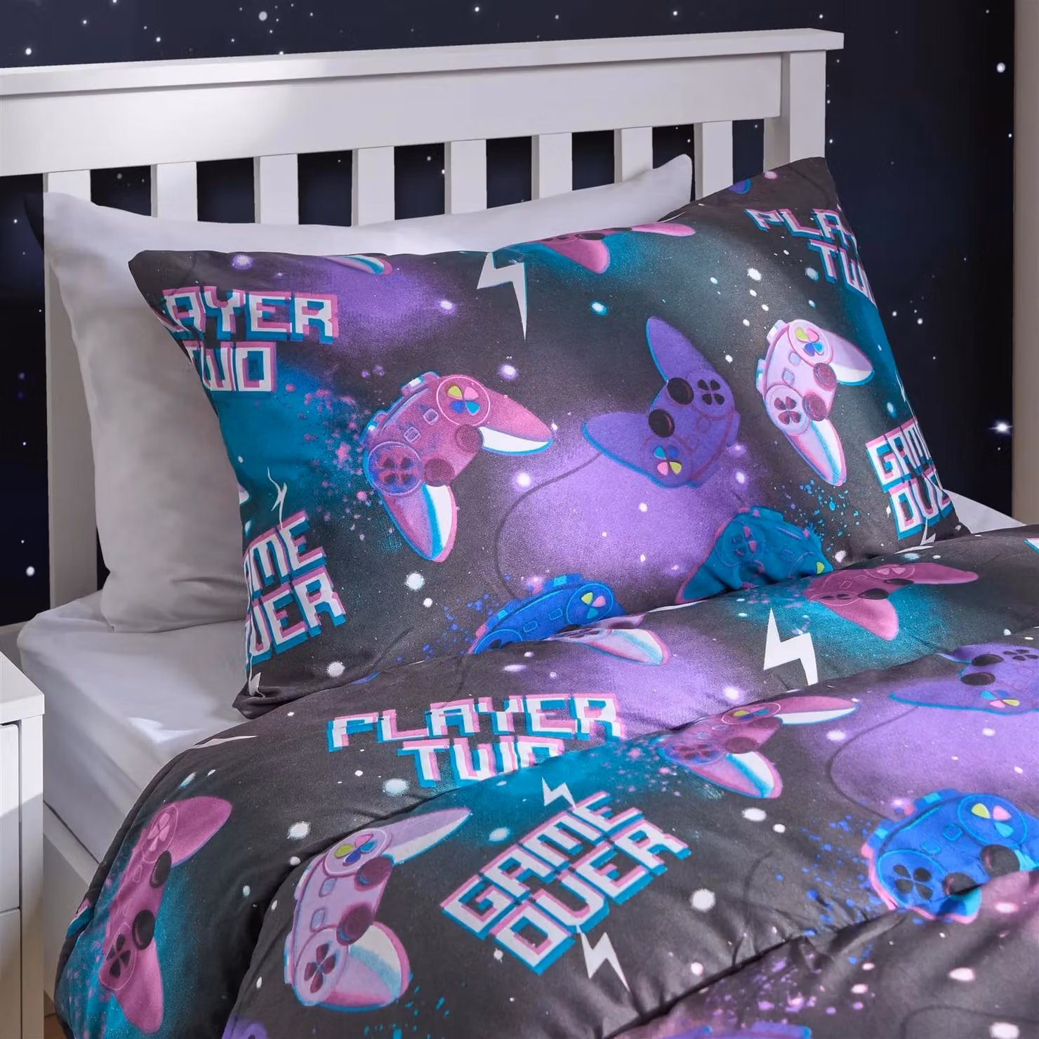 OHS Kids Gaming Coverless Duvet and Pillowcase Set, 10.5 Tog Reversible Microfibre Quilt, Black/Purple/Multicolour, W/D/H: 135 x 200 cm – 3