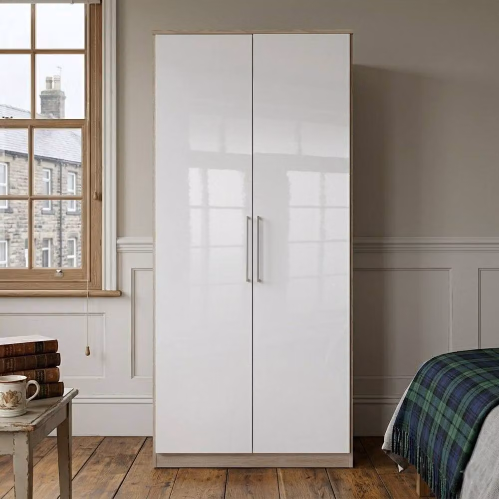KDMD Belgravia 2 Door Oak White Gloss Wardrobe in Brown, H: 199 cm, W: 90 cm, D: 58 cm – 2