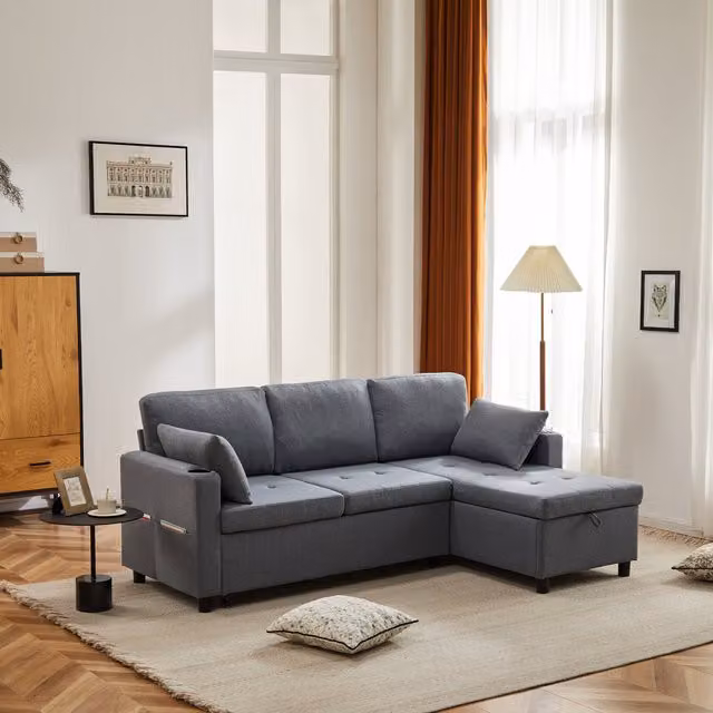 Aosom UK Grey L-Shaped 3 Seater Corner Sofa Bed with Storage, Cup Holders and Magazine Pockets, W/D/H: 212 x 141 x 87.5 cm – 1