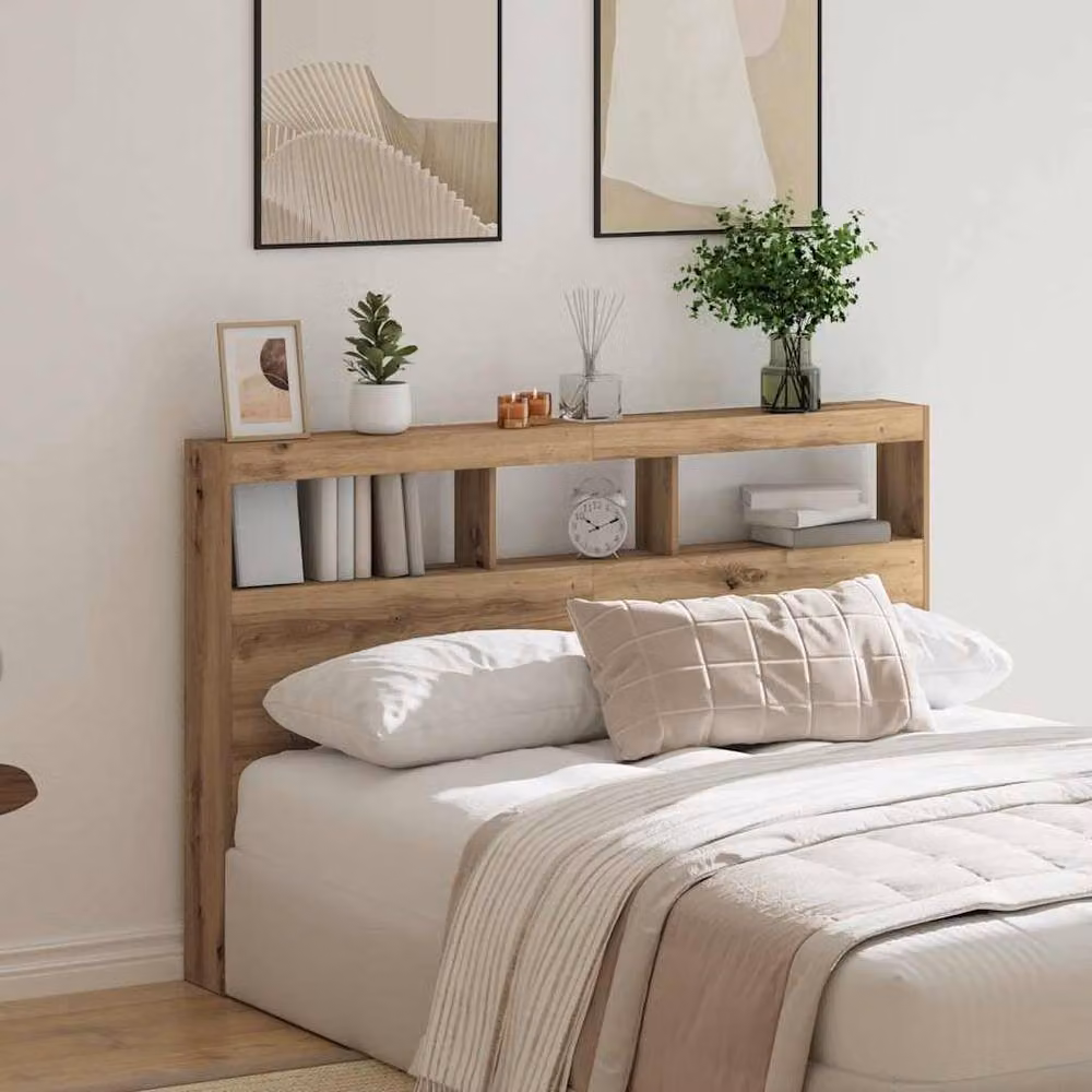 Berkfield Home Artisan Oak Headboard Cabinet with Integrated LED Lighting, Brown, W: 160 cm, D: 17 cm, H: 102 cm – 3