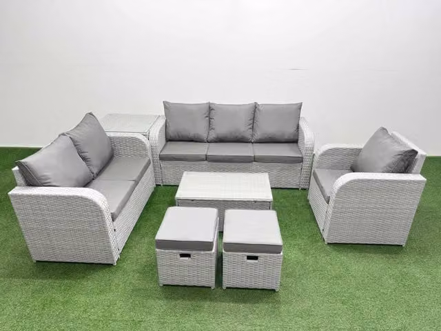 Fimous Patio 8 Seater Grey Rattan Outdoor Furniture Set with Coffee Table, 3 Seater Sofa, Loveseat, Reclining Chairs and Ottoman