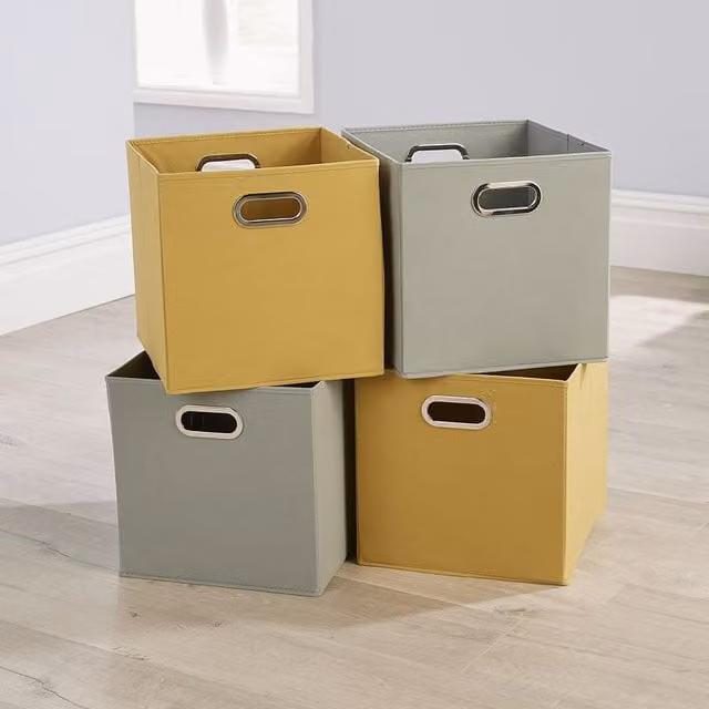 Home Source Pack of 4 Foldable Fabric Cube Storage Boxes in Yellow and Grey, W: 37 cm, D: 33 cm, H: 33 cm – 1