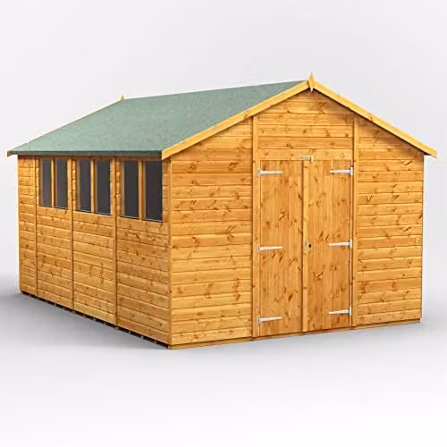 Powersheds Premium Apex Wooden Garden Shed in Natural Brown with Double Doors, 12mm Timber and Toughened Glass Windows – 1