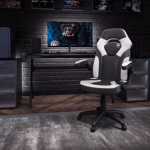 FWStyle Black and White Faux Leather Racer Style Deluxe Gaming Chair with Armrests – 1