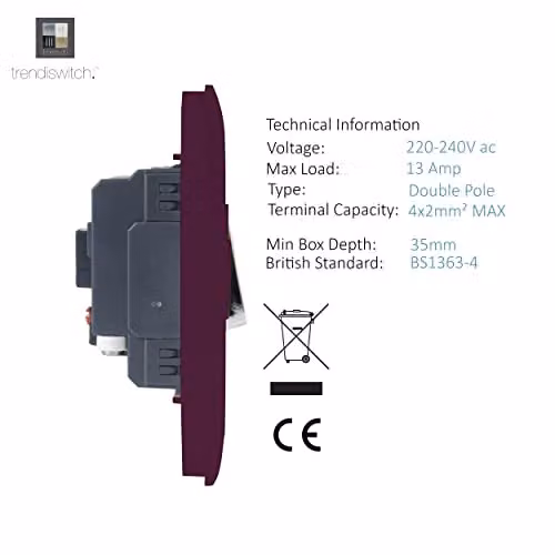 Trendi Switch Modern Glossy Single 13 A Fused Spur Connection Unit with Flex Outlet and Chrome Rocker in Plum Purple – 3