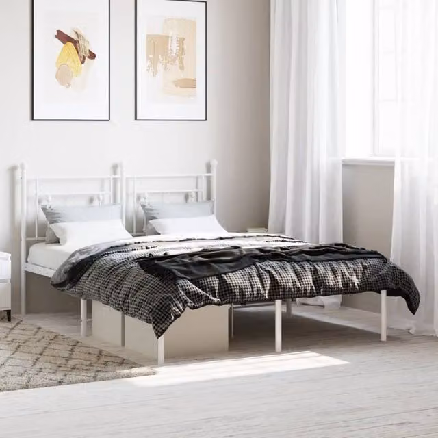 Berkfield Home Metal Bed Frame with Headboard, White, W: 135 cm, L: 190 cm – 1