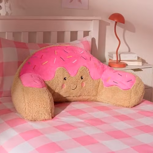 OHS Cuddle Cushion Doughnut Reading Pillow in Brown and Pink Teddy Fleece