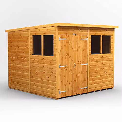 Powersheds Premium Pent Garden Wooden Shed in Brown with Double Doors, PVC Window Sills and Toughened Glass, W: 251.6 cm, D: 240.37 cm, H: 260.4 cm – 1