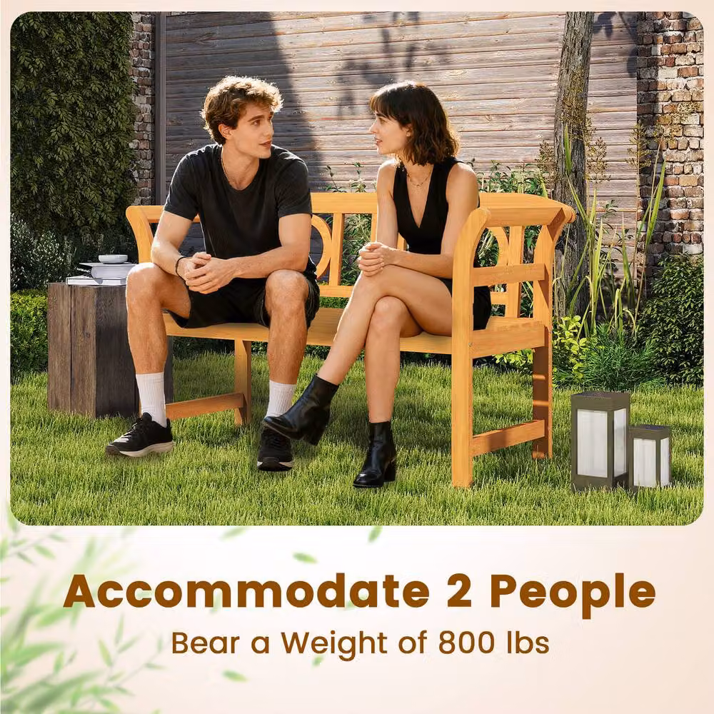 Costway Acacia Wood 2-Person Outdoor Bench Patio Loveseat with Backrest and Armrests in Natural Brown – 2