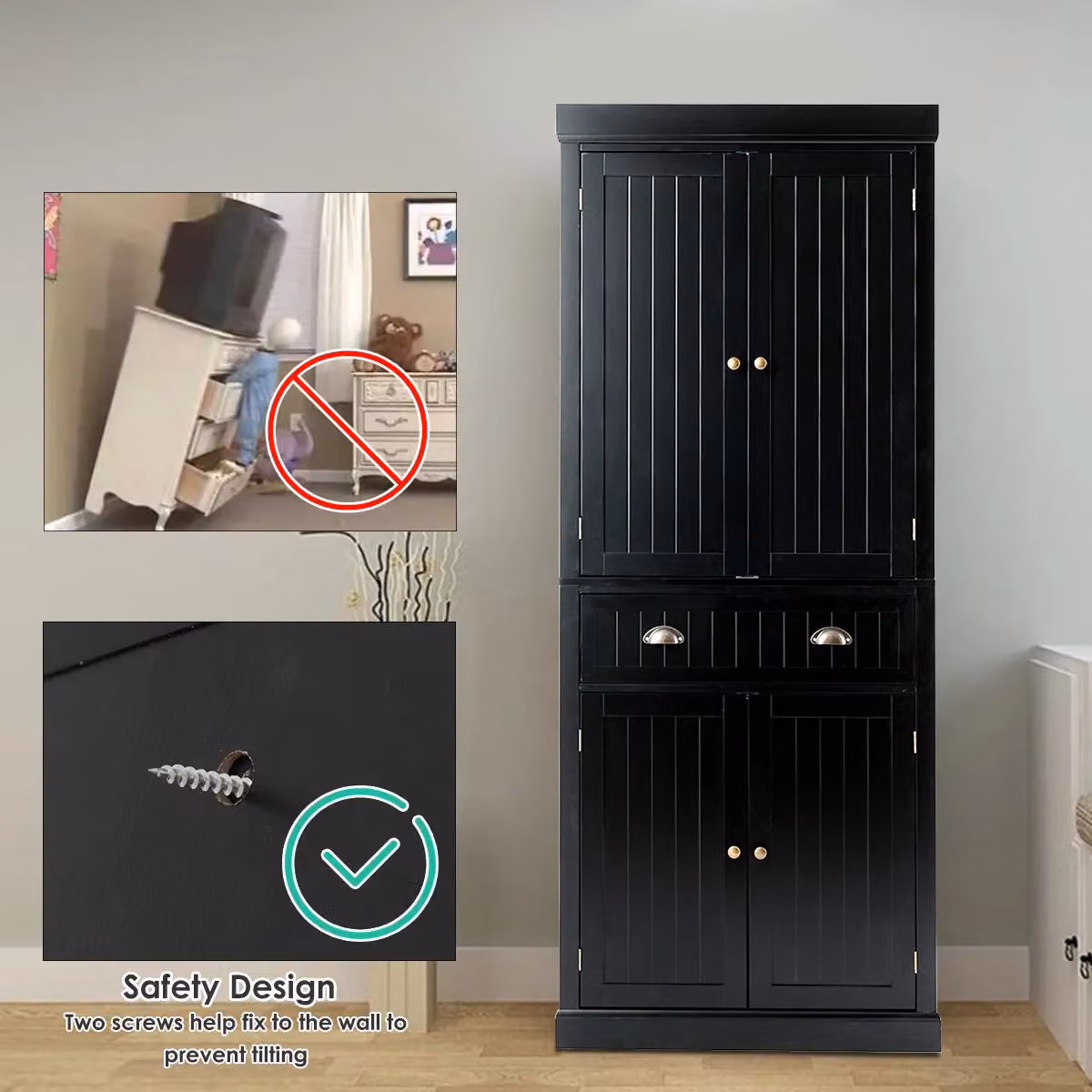 Gymax Modern Black Kitchen Pantry Cabinet with 2 Hinged Doors and Internal Drawers, Height: 183 cm – 6