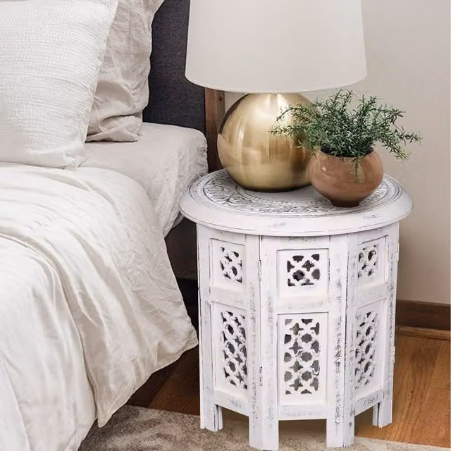 Topfurnishing Round Carved Wooden Coffee, Bedside or End Table in White, W/D/H: 38 x 38 x 38 cm