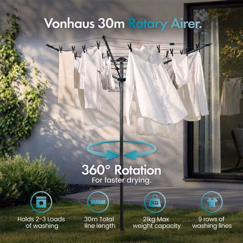 VonHaus 30m Rotary Washing Line in Grey with 3 Arm Outdoor Clothes Airer and Collapsible Umbrella System – 2