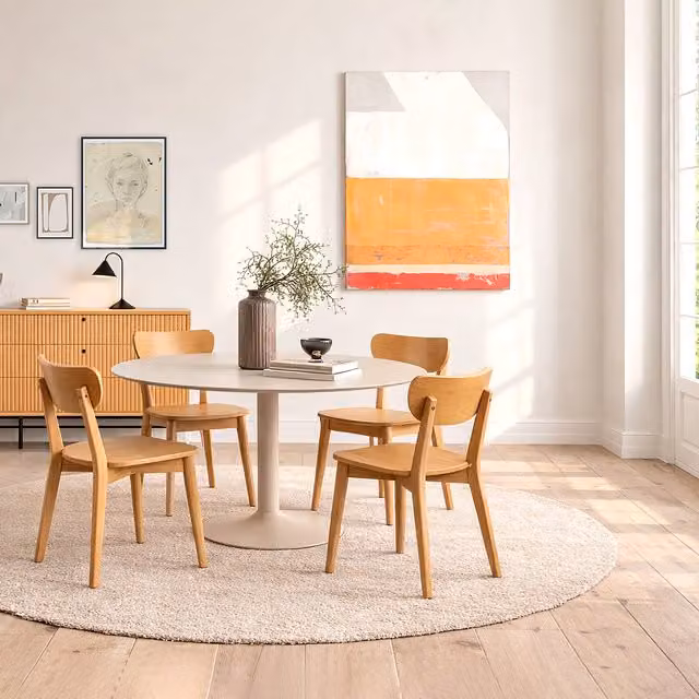 Furniture To Go Ibiza Round Beige Dining Table and 4 Roxby Dining Chairs in Oak