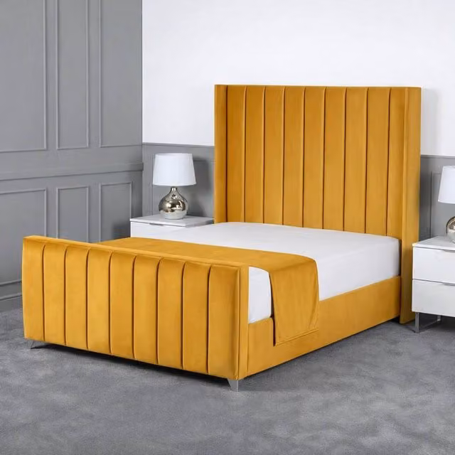 Living Comfort Bedz Imperial Winged Upholstered Velvet Bed with Slatted Base in Yellow, W/D/H: 120 x 200 cm