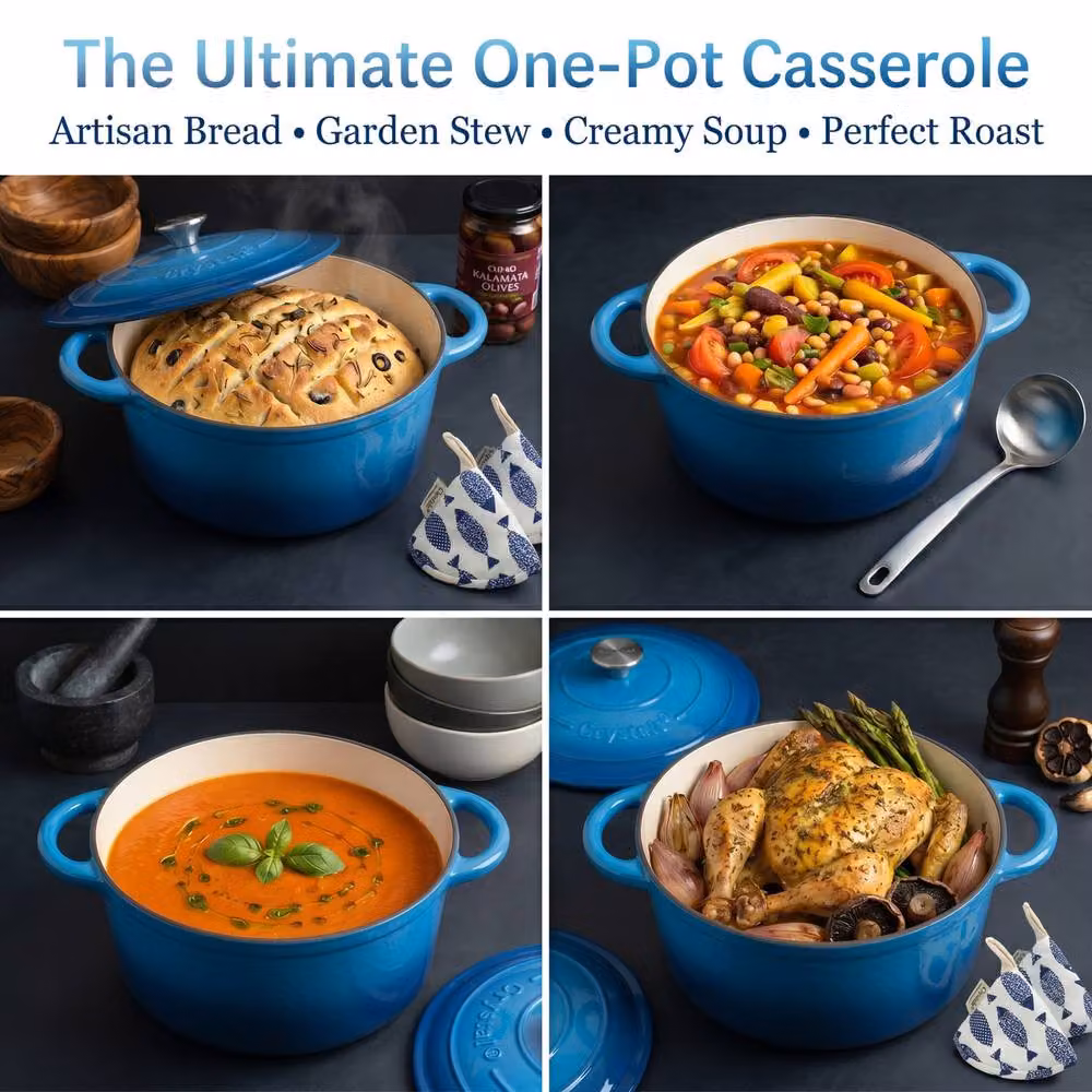 Crystals Enamelled Cast Iron Dutch Oven Stew Pot with Lid, Blue, 6.6 l – 6