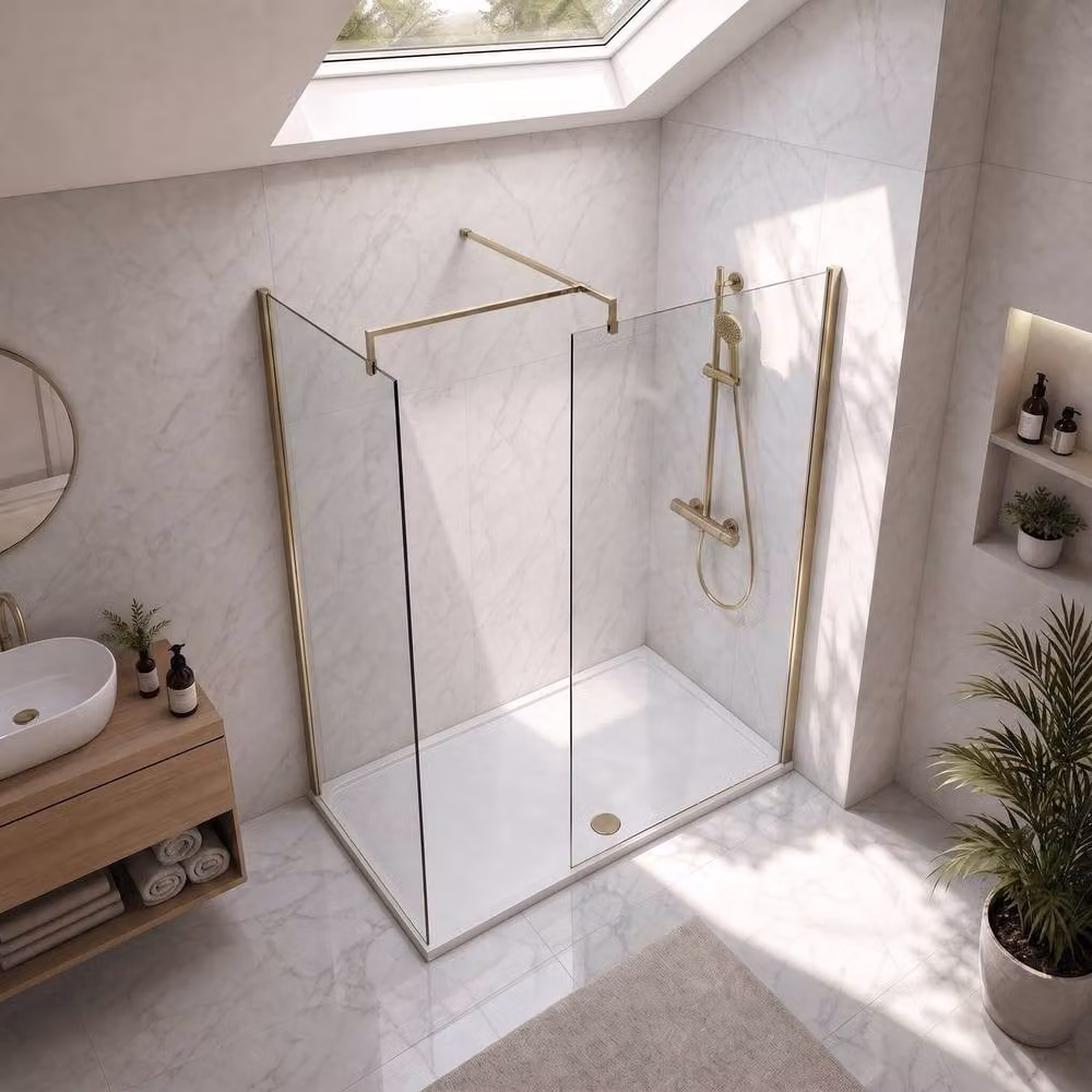 Balterley Walk-In Wetroom Bundle in Brushed Brass with Rectangular Tray and Glass Niche, W: 1400 mm, D: 800 mm – 2